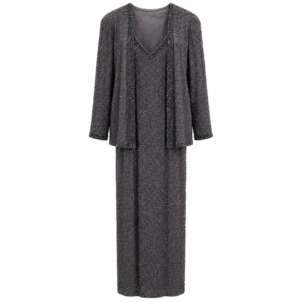 Jovani New York Beaded Silk Dress & Jacket Set Slate Purple Formal Maxi 2PC M